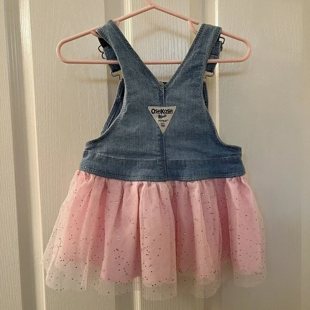 Oshkosh B'gosh Unicorn Overall Dress Pink Tulle Vestbak Denim Girls SZ 12 Months